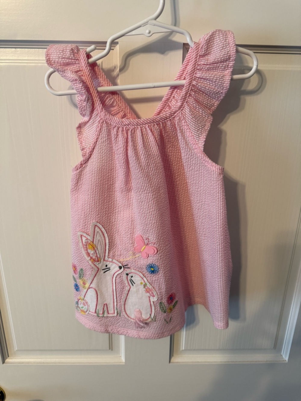 Mud Pie Pink Ruffle Strap Tank with Embroidered Bunnies